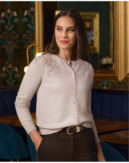 Wool Cashmere Lace Insert Cardigan